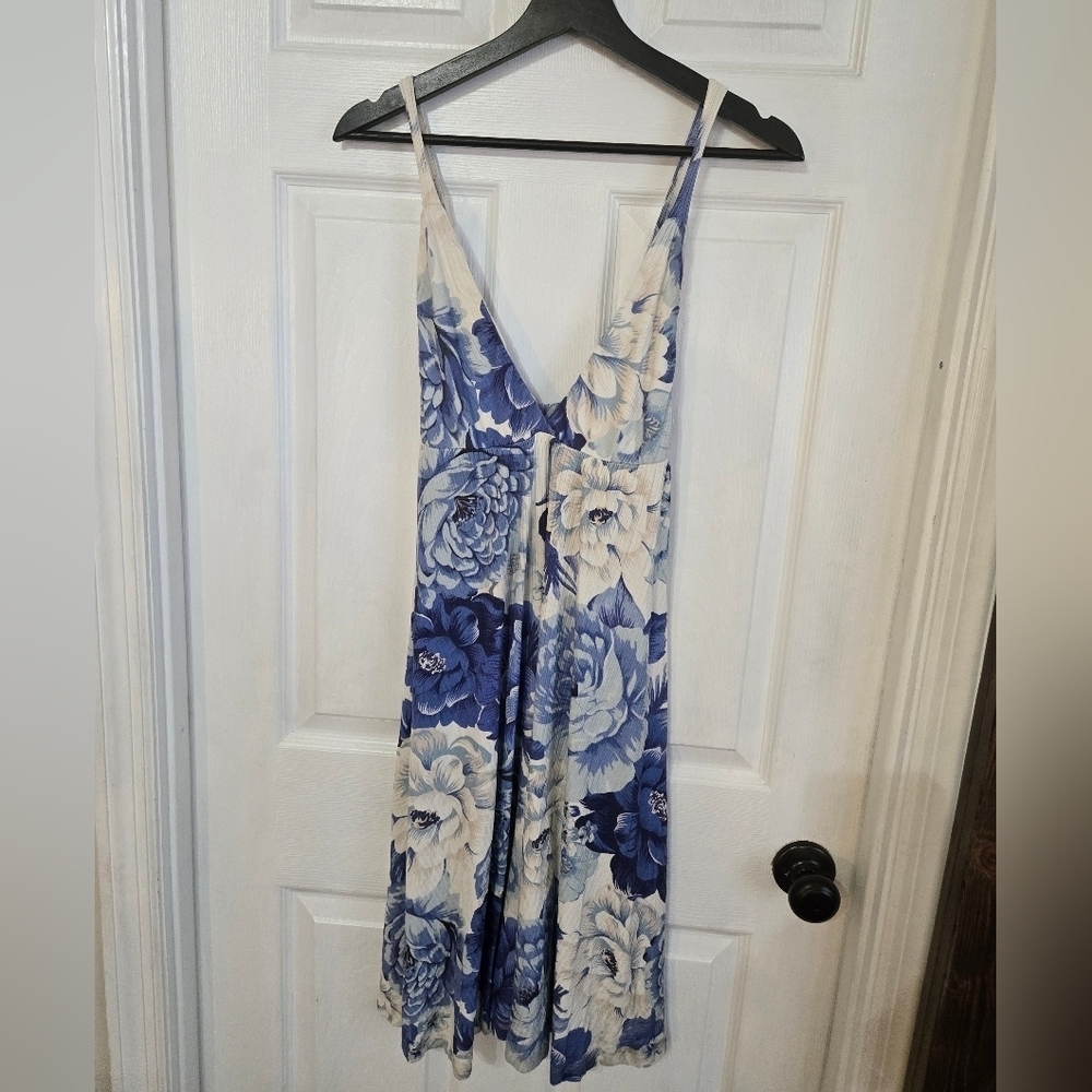 Farm Rio Blue and White Sleeveless Midi Sundress with Plunge Neckline - Picture 3 of 6
